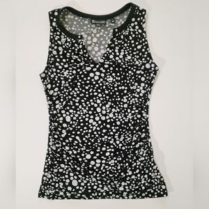 New York & Co Blouse Womens Small Black White Dots Ruched Fit & Flare Office Top